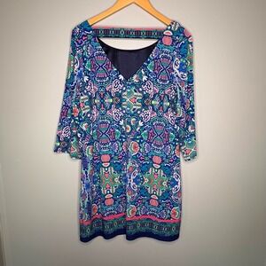 Laundry by Shelli Segal Scoop Neck Mosaic Paisley Dress Size M Blue Multi Knit